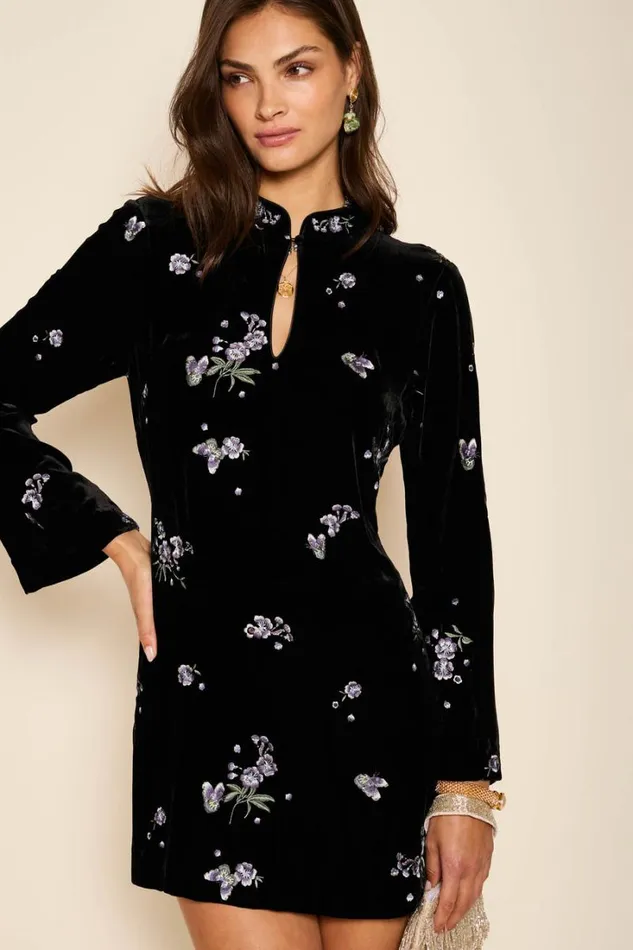 Women RIXO All Clothing Calla Velvet Mini Dress Blossom Embroidery Blue