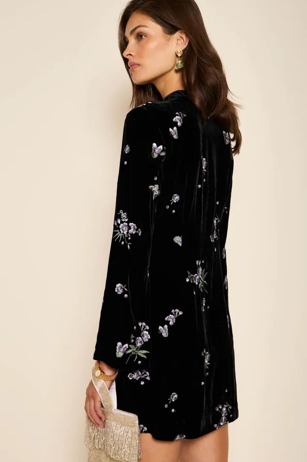 Women RIXO All Clothing Calla Velvet Mini Dress Blossom Embroidery Blue