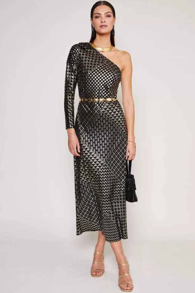 Women RIXO All Clothing Jenny Silk Midi Dress Cleo Patchwork Black