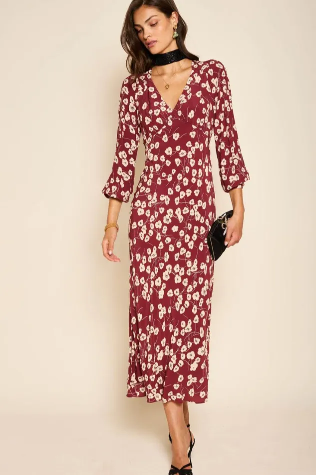 Women RIXO All Clothing Mavis Midi Dress Autumn Cherry Maroon