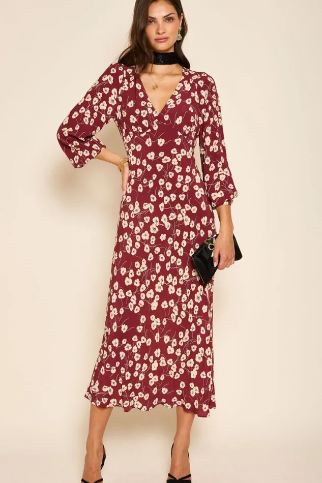 Women RIXO All Clothing Mavis Midi Dress Autumn Cherry Maroon