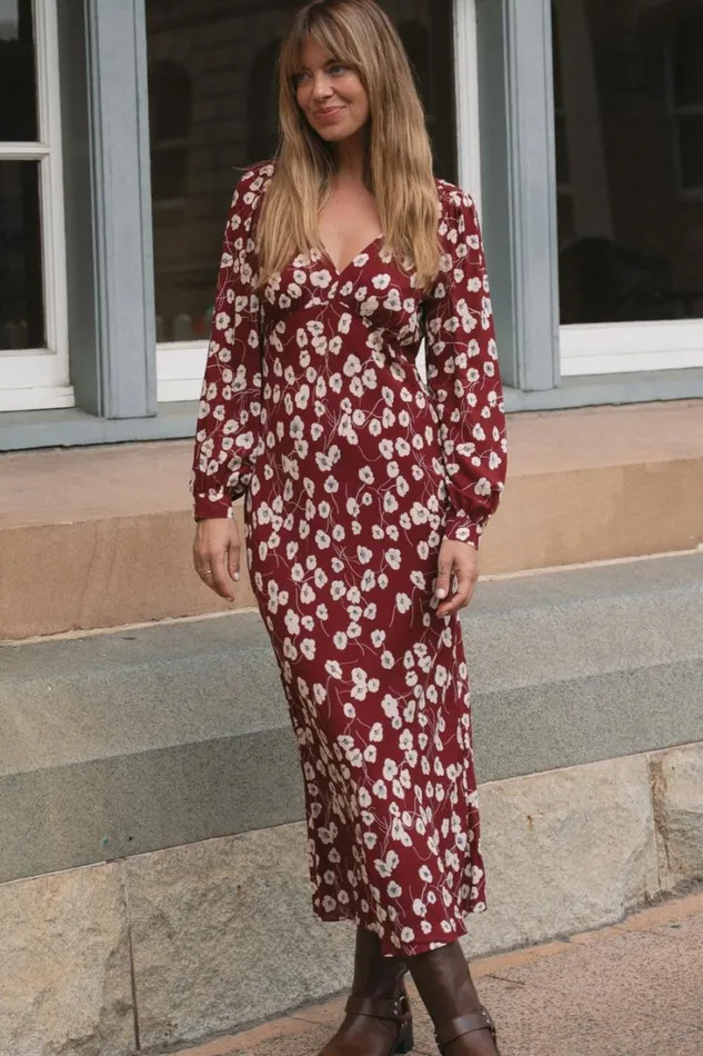 Women RIXO All Clothing Mavis Midi Dress Autumn Cherry Maroon