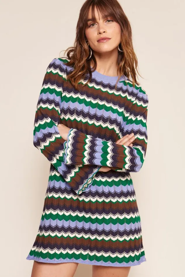 Women RIXO All Clothing Mylene Cotton Mini Dress Retro Chevron Blue