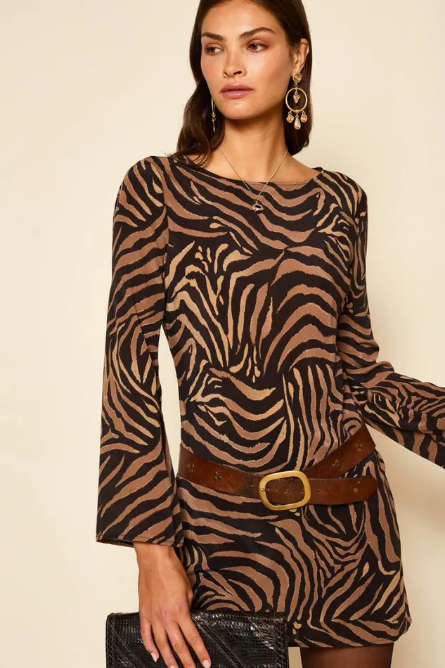 Women RIXO All Clothing Ridley Silk Mini Dress Tiger Patchwork Black