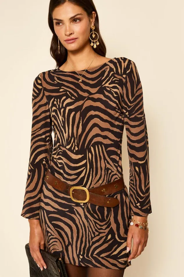Women RIXO All Clothing Ridley Silk Mini Dress Tiger Patchwork Black