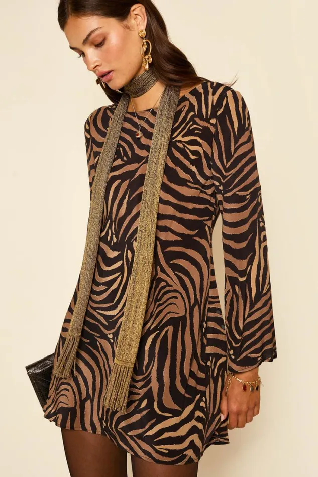 Women RIXO All Clothing Ridley Silk Mini Dress Tiger Patchwork Black