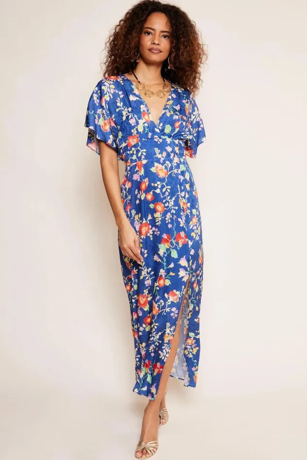 Women RIXO All Clothing Sadie Satin Midi Dress Waterblossom Indigo