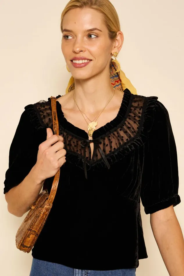Women RIXO All Clothing Yvonne Velvet Top Black
