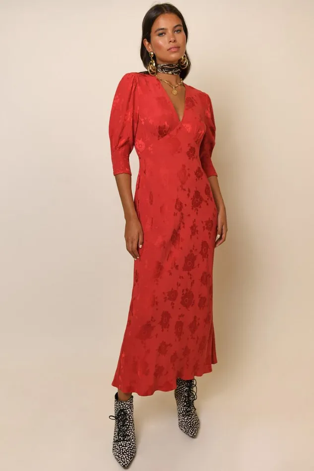 Women RIXO All Clothing Zadie Jacquard Midi Dress Red Poppy Jacquard