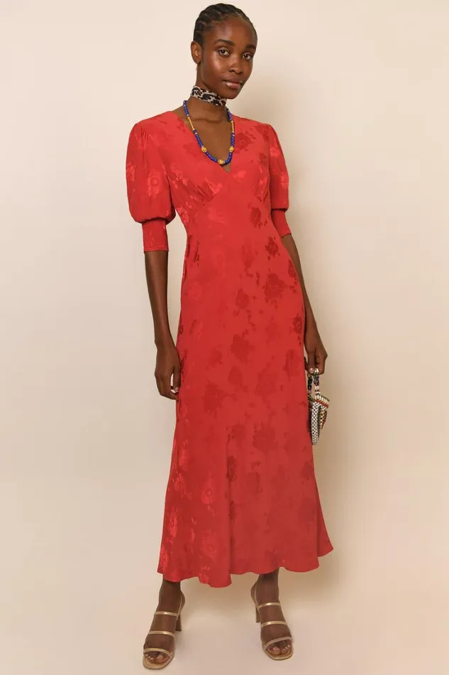 Women RIXO All Clothing Zadie Jacquard Midi Dress Red Poppy Jacquard