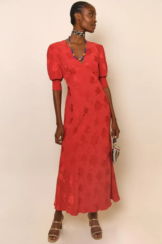 Women RIXO All Clothing Zadie Jacquard Midi Dress Red Poppy Jacquard