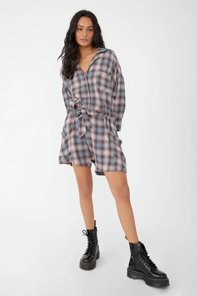 Women Rompers Free People Before I Let Go Plaid One Piece Moonstone Combo