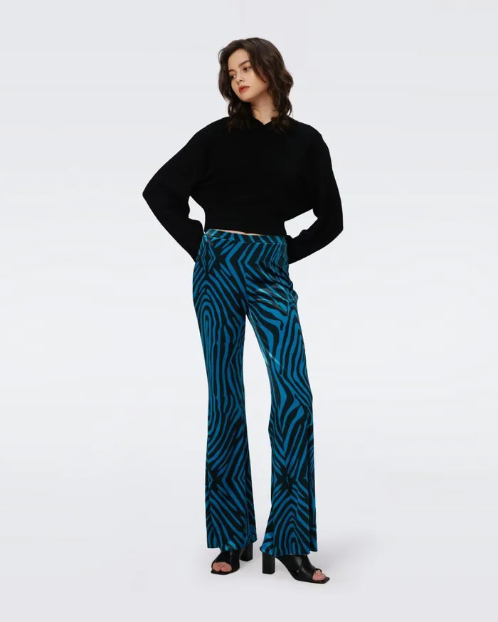Women Ruthette Velvet Pants Huge Zebra Blue DVF Pants and Shorts