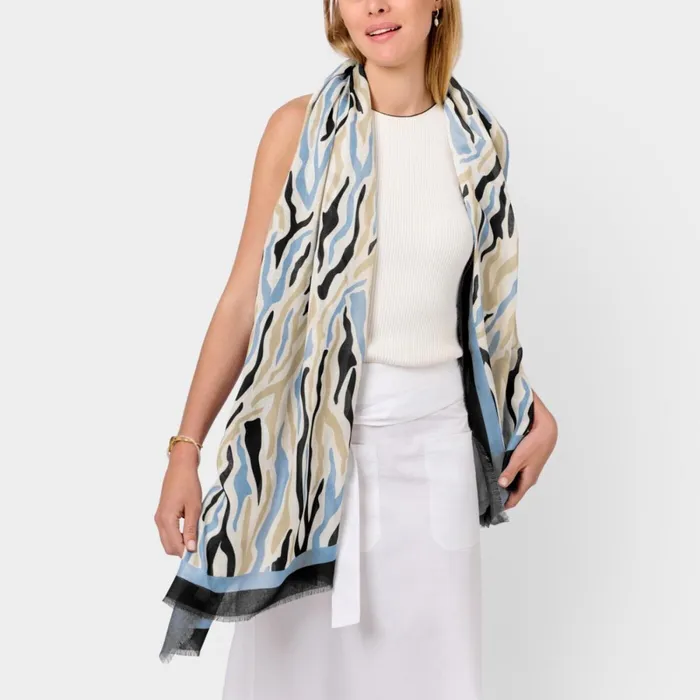Women Scarves and Womenswear Katie Loxton Abstract Zebra Printed Scarf 8211 Ecru Blue And Black