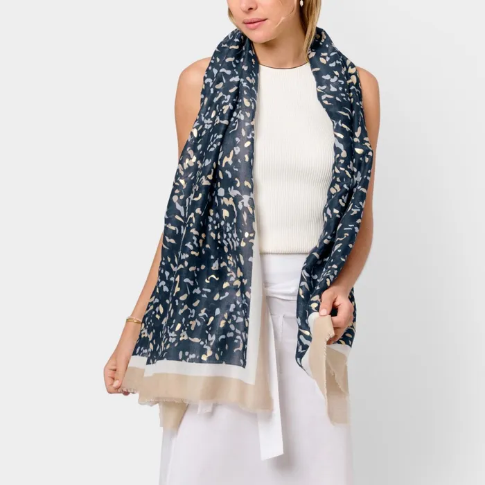 Women Scarves and Womenswear Katie Loxton Terrazzo Printed Foil Scarf 8211 Navy Light Taupe And Gold