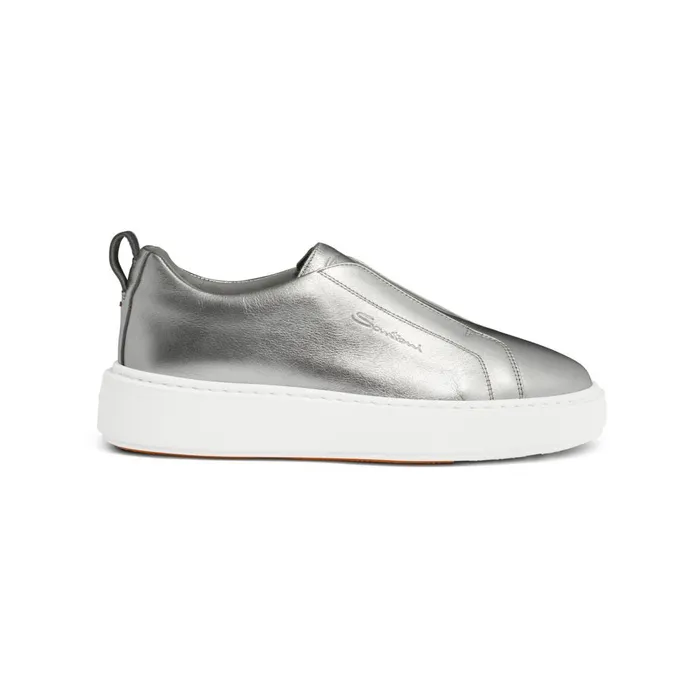 Women Silver Laminated Leather SlipOn Sneaker Santoni Sneakers