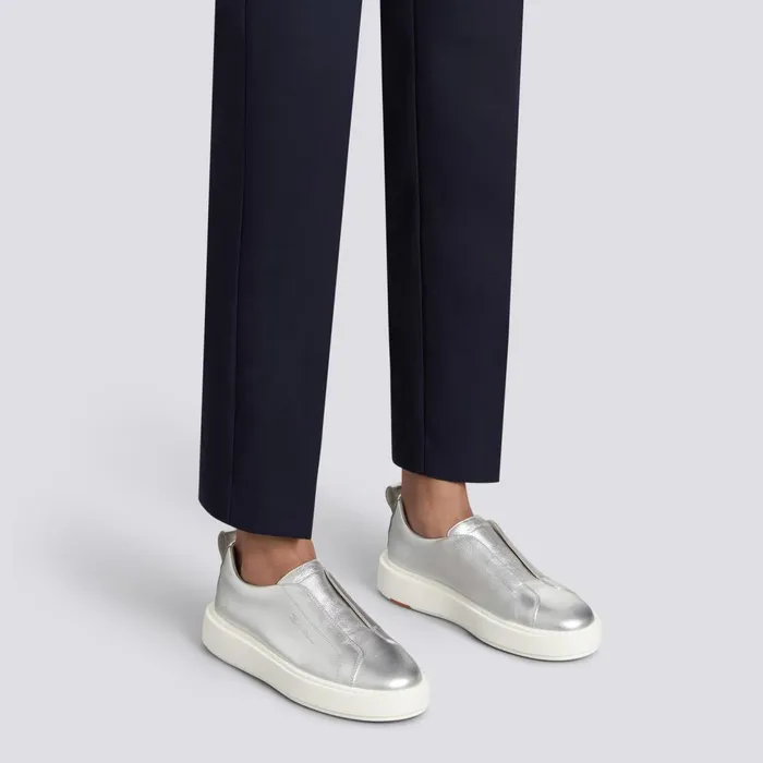Women Silver Laminated Leather SlipOn Sneaker Santoni Sneakers