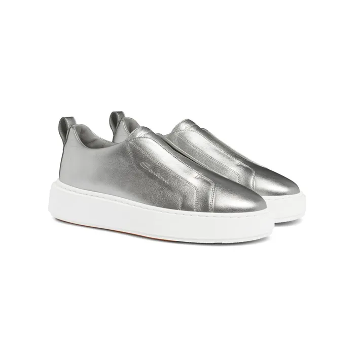 Women Silver Laminated Leather SlipOn Sneaker Santoni Sneakers