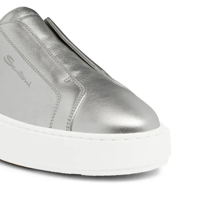 Women Silver Laminated Leather SlipOn Sneaker Santoni Sneakers