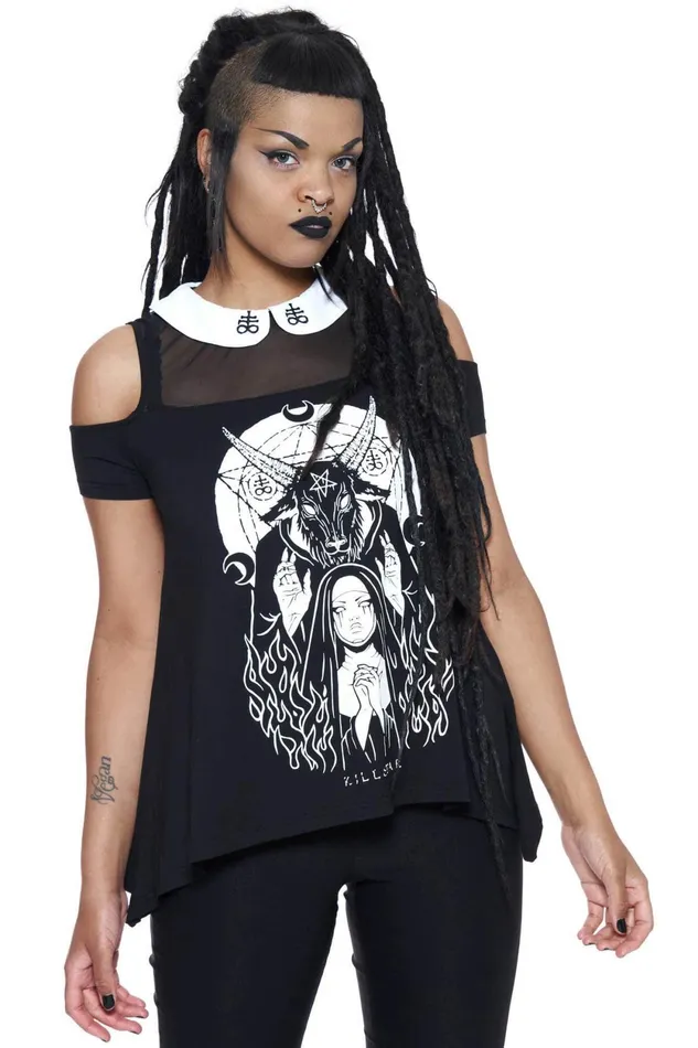 Women TShirts and Vests Killstar Nunsense Collar Cold Shoulder Top