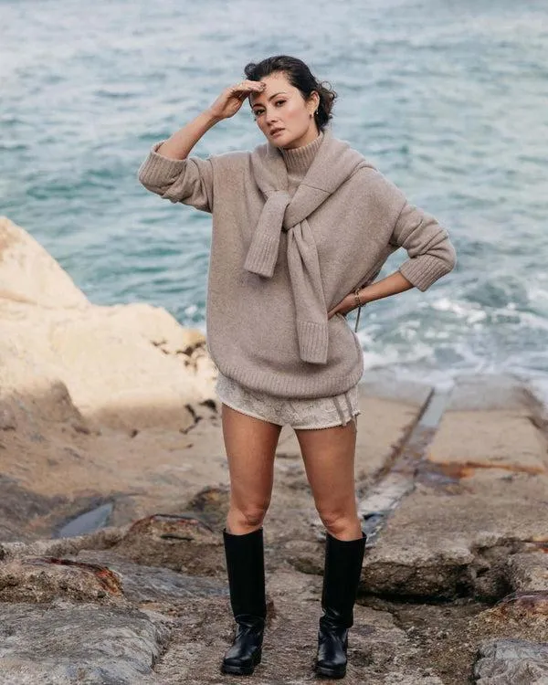 Women The Peony Lim Chunky High Neck SweaterIn Oatmeal Brown Oatmeal Brown NPeal Turtle Necks