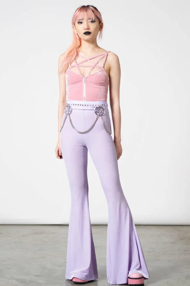 Women Velvet Killstar Moondance Bell Bottoms PASTEL LILAC