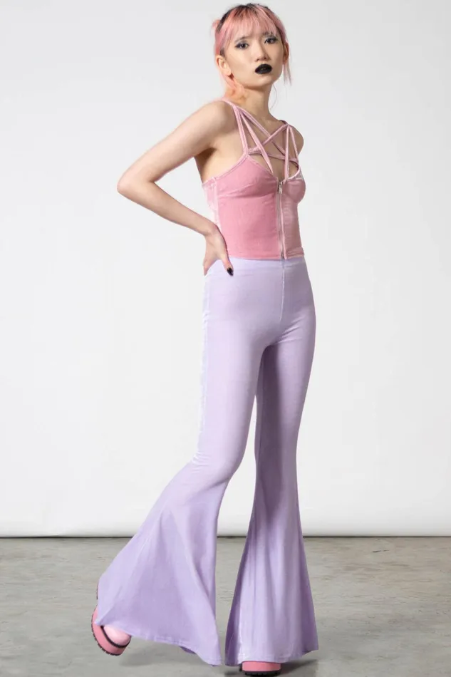 Women Velvet Killstar Moondance Bell Bottoms PASTEL LILAC