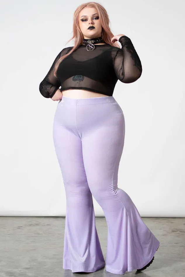 Women Velvet Killstar Moondance Bell Bottoms PASTEL LILAC