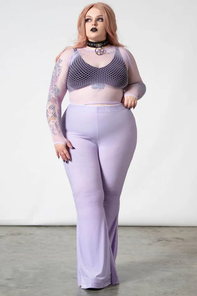 Women Velvet Killstar Moondance Bell Bottoms PASTEL LILAC
