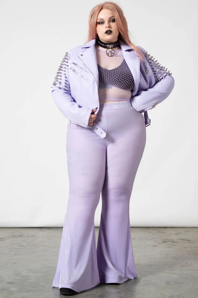 Women Velvet Killstar Moondance Bell Bottoms PASTEL LILAC