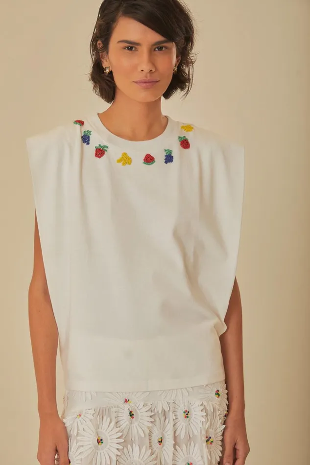 Women White Beaded Fruits Organic Cotton TShirt White FARM Rio Tshirts