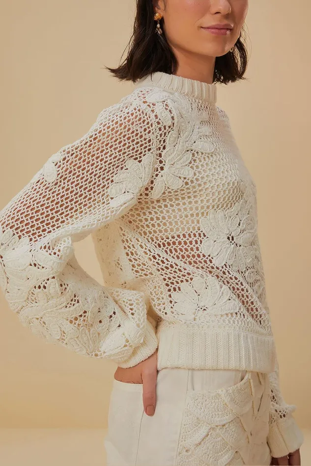 Women White Embroidered Knit Sweater White FARM Rio Sweaters and Sweatshirts