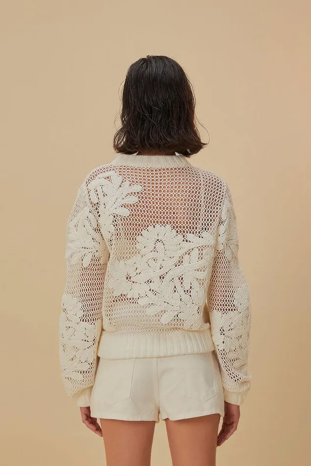 Women White Embroidered Knit Sweater White FARM Rio Sweaters and Sweatshirts