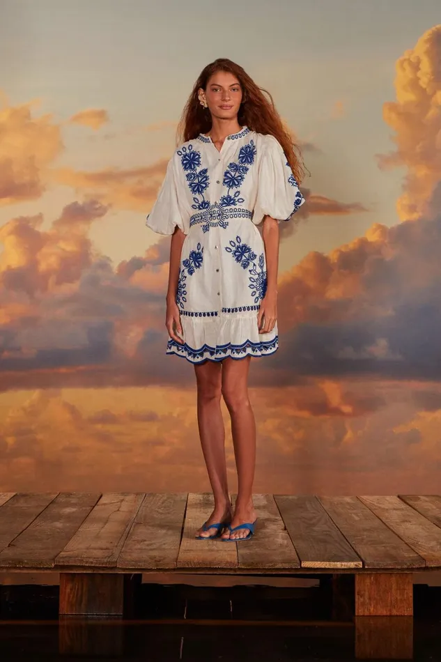 Women White Richelieu Euroflax Premium Linen Mini Dress White FARM Rio Mini Dresses