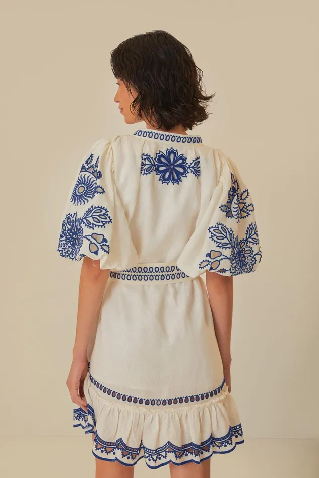 Women White Richelieu Euroflax Premium Linen Mini Dress White FARM Rio Mini Dresses