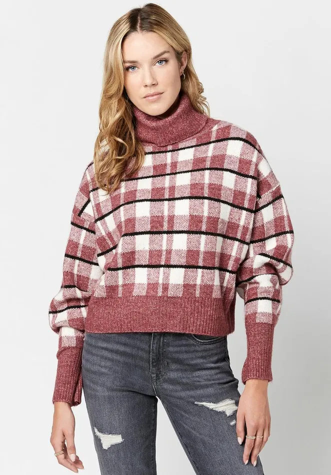 Women Windowpane Plaid Remi Sweater Tan Windowpane Buffalo David Bitton Sweaters