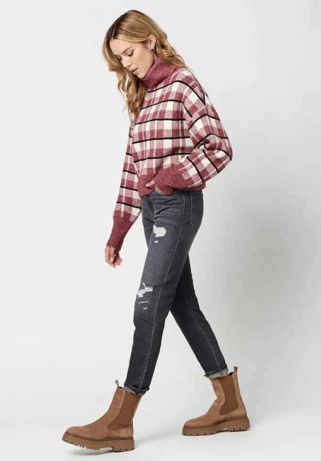 Women Windowpane Plaid Remi Sweater Tan Windowpane Buffalo David Bitton Sweaters