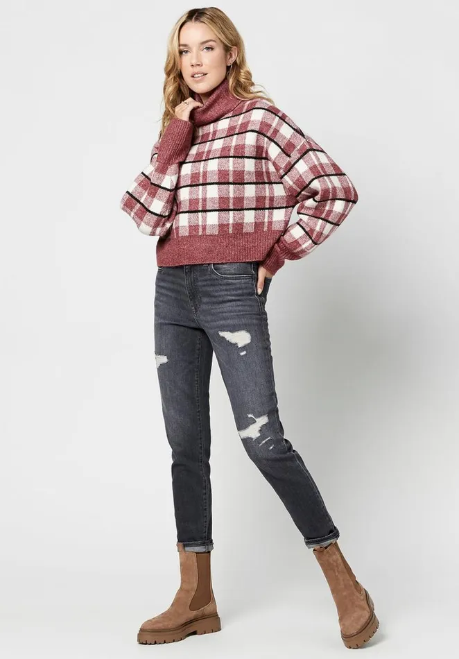 Women Windowpane Plaid Remi Sweater Tan Windowpane Buffalo David Bitton Sweaters
