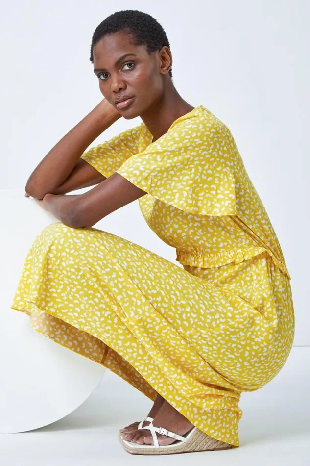 Yellow Ditsy Print Frill Waist Midi Dress Women Roman Dresses