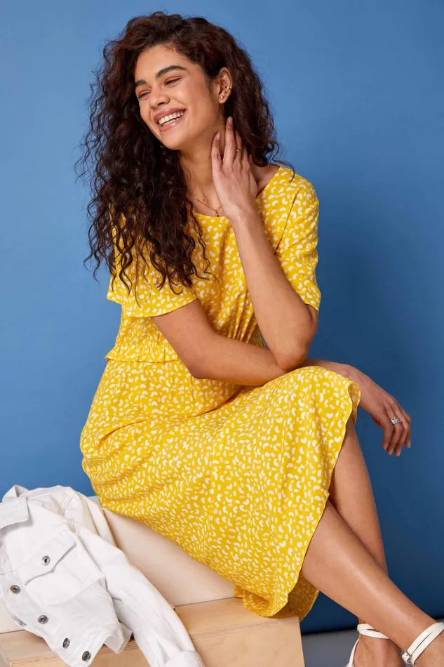 Yellow Ditsy Print Frill Waist Midi Dress Women Roman Dresses