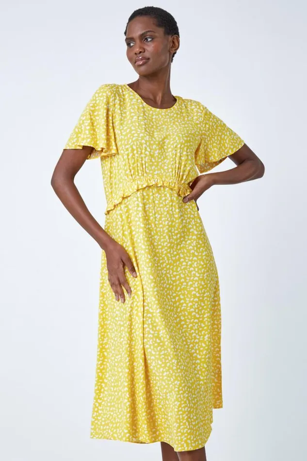 Yellow Ditsy Print Frill Waist Midi Dress Women Roman Dresses