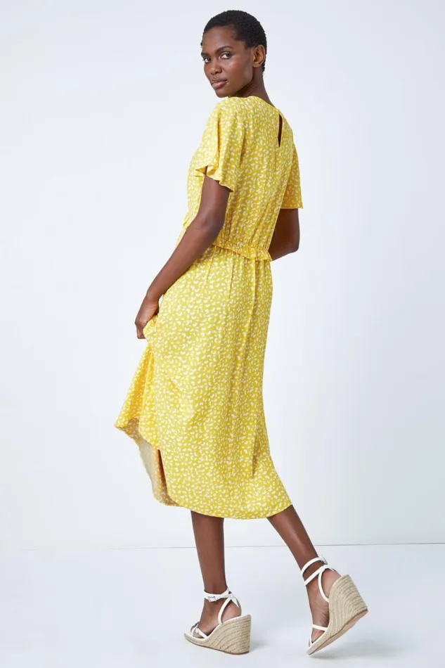 Yellow Ditsy Print Frill Waist Midi Dress Women Roman Dresses