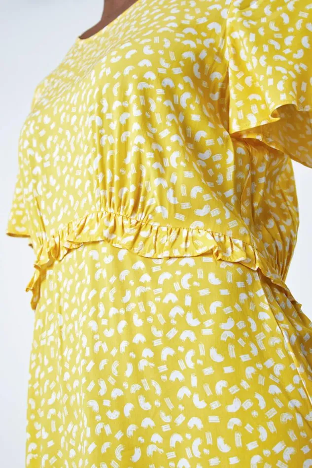 Yellow Ditsy Print Frill Waist Midi Dress Women Roman Dresses