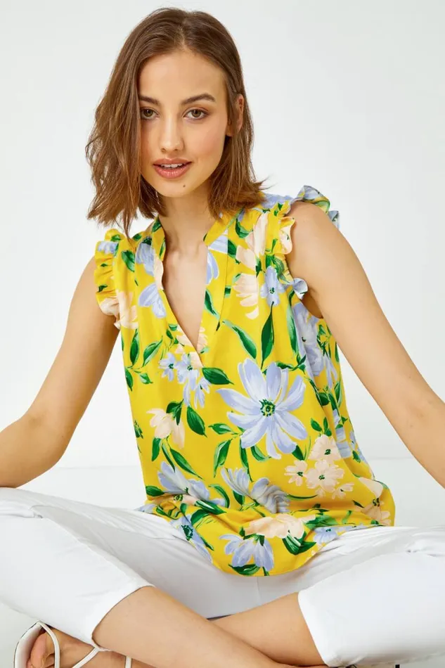 Yellow Floral Print Sleeveless VNeck Ruffle Top Women Roman Tops