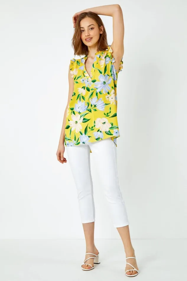 Yellow Floral Print Sleeveless VNeck Ruffle Top Women Roman Tops