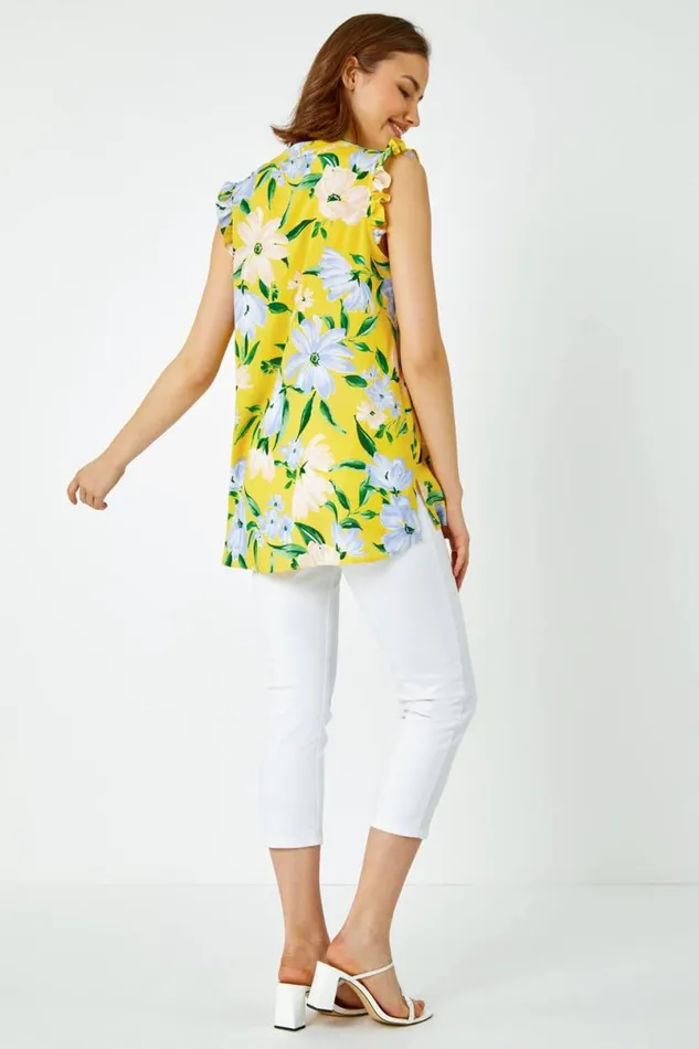 Yellow Floral Print Sleeveless VNeck Ruffle Top Women Roman Tops
