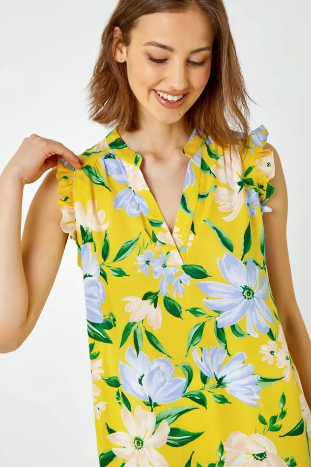 Yellow Floral Print Sleeveless VNeck Ruffle Top Women Roman Tops