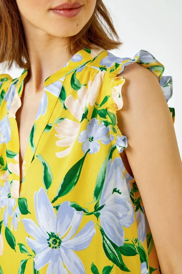 Yellow Floral Print Sleeveless VNeck Ruffle Top Women Roman Tops