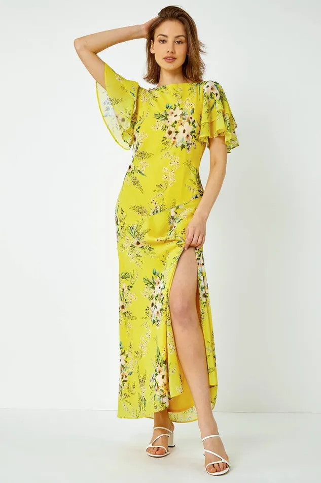 Yellow Floral Tiered Sleeve Chiffon Maxi Dress Women Roman Dresses