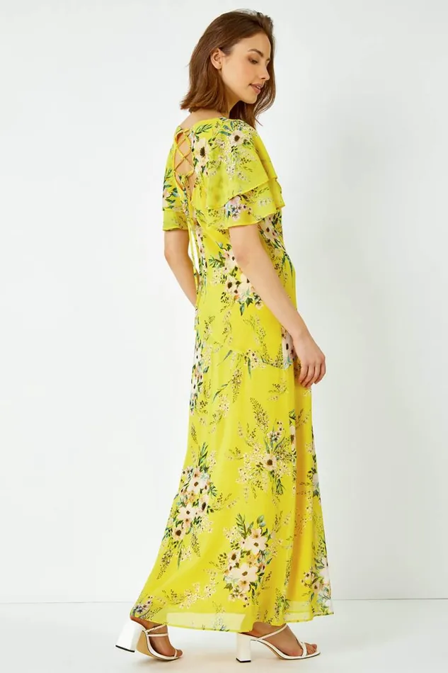Yellow Floral Tiered Sleeve Chiffon Maxi Dress Women Roman Dresses